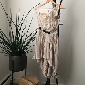 One shoulder fluttery dress with asymmetrical hem